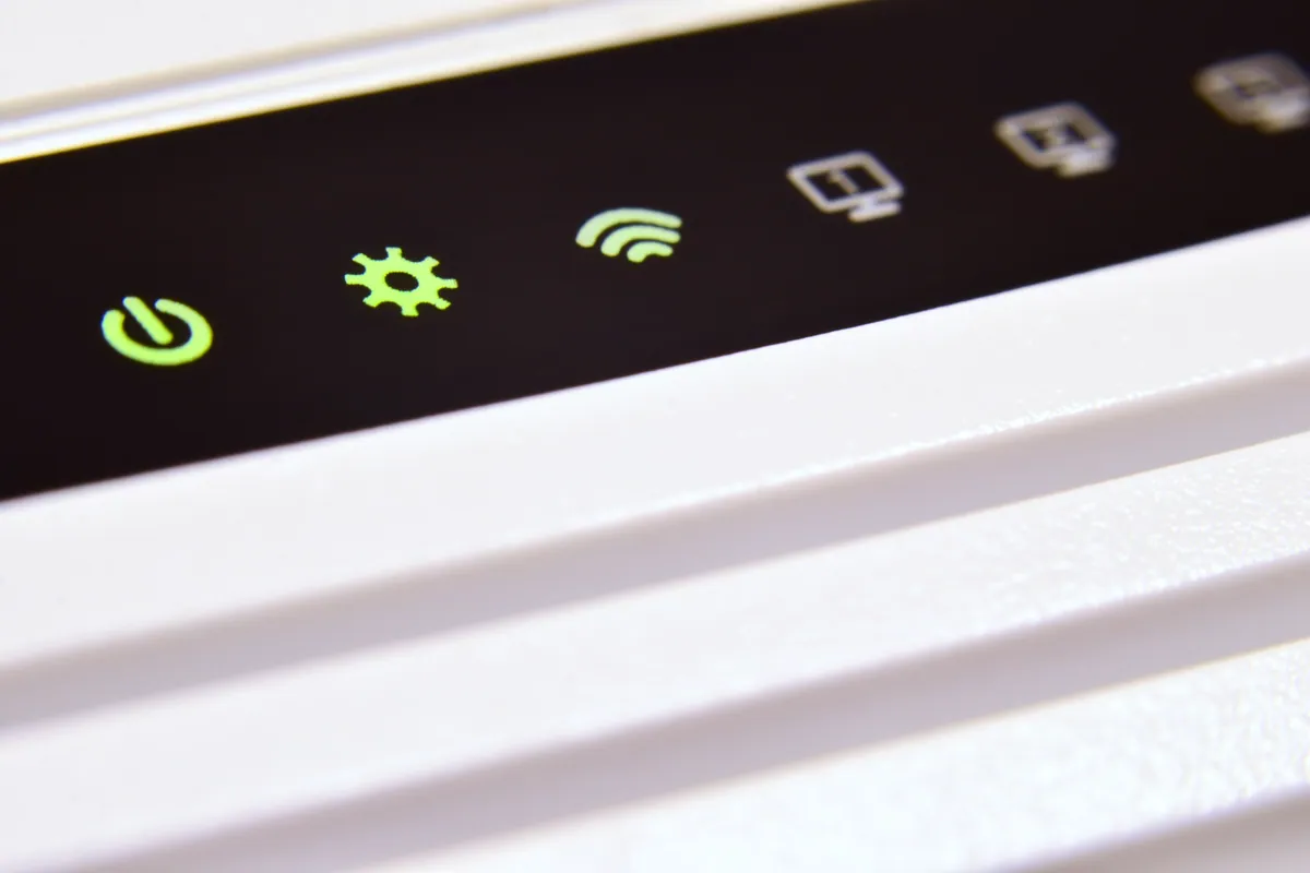 Status lights on a home broadband router in close-up