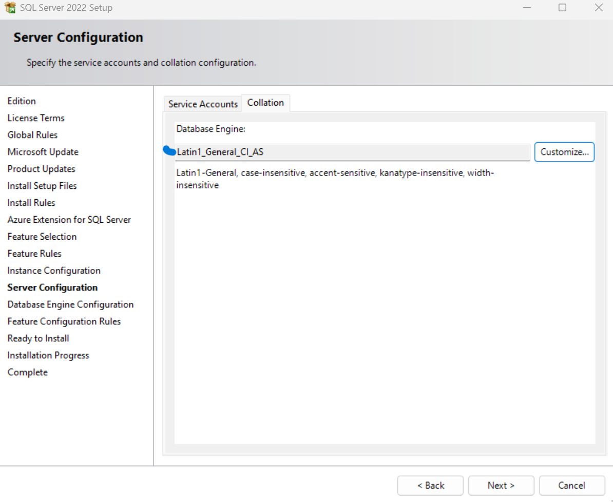 SQL Server 2022 setup collation tab showing Latin1_General_CI_AS before alignment