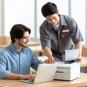 Onsite Wifi Network Printer Setup A professional technician setting up a Wifi printer onsite at a desk. The technician is connecting the printer to a laptop while the customer watches with a satisfied expression