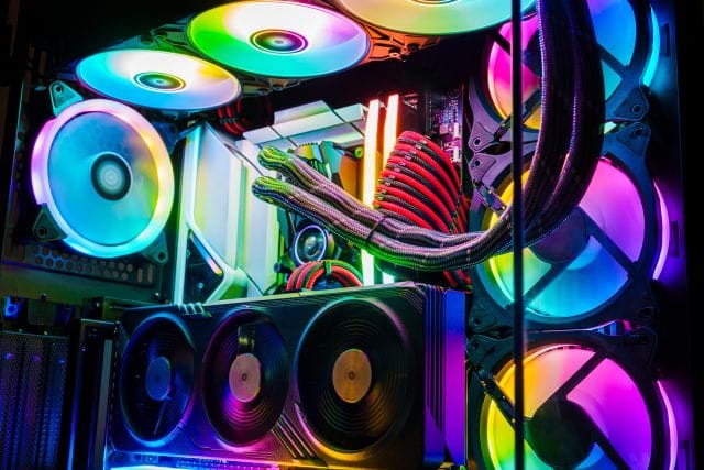 Showcase of a Personal Computer Build with Rainbow LED Lighting and Custom Cooling System Custom built PC
PC with LED lights for Gaming